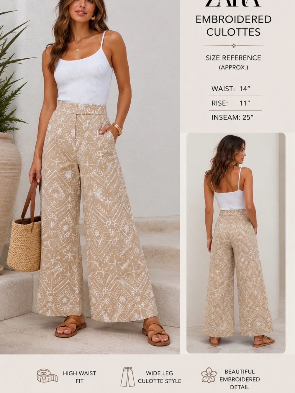 ZARA NWT Embroidered High-Waist Culotte Pants - Beige - Sz S